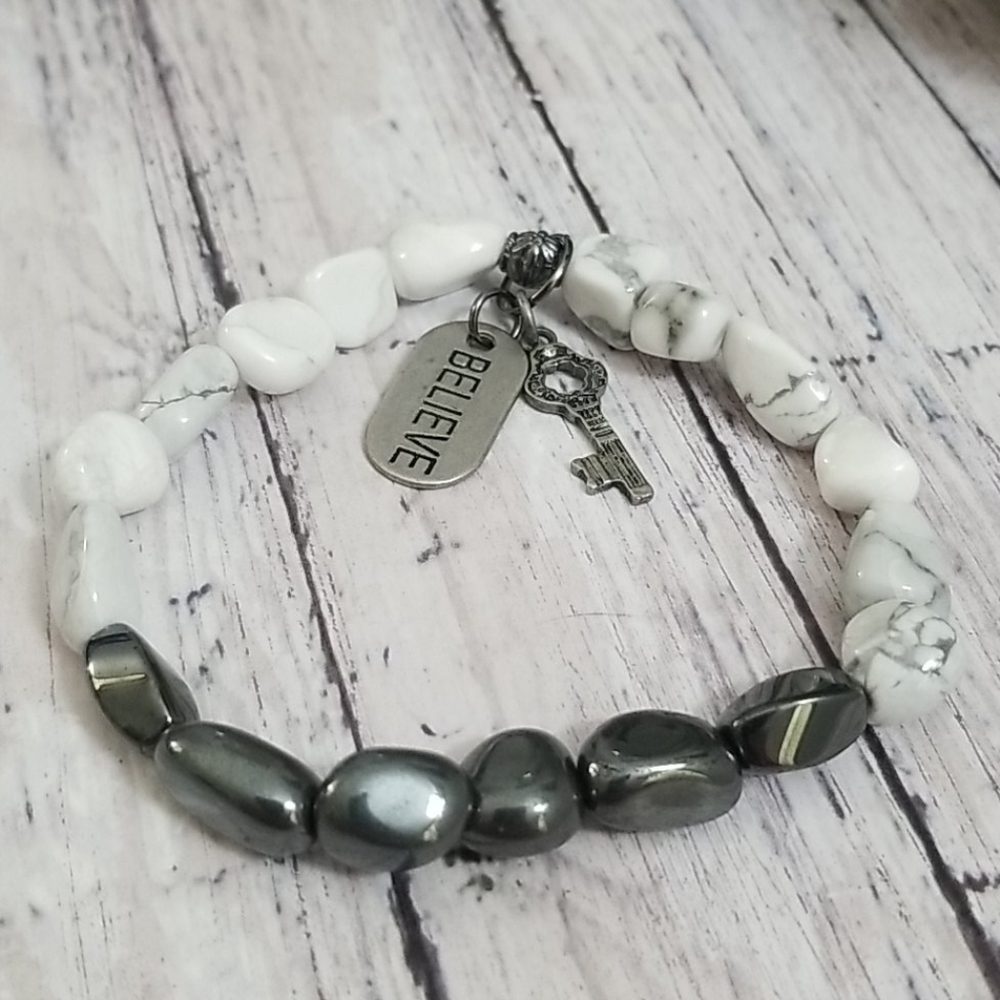 White howlite, hematite, magnetic, stretch